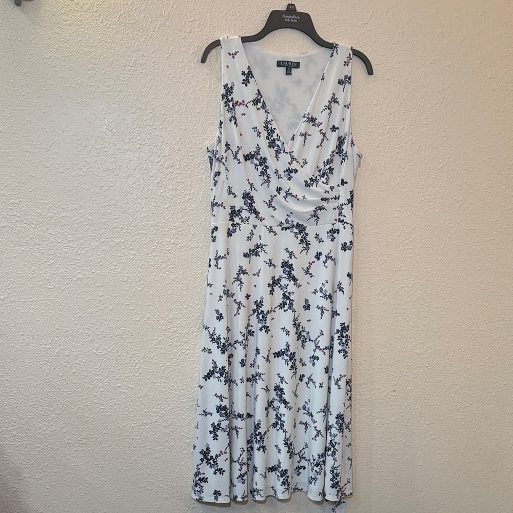 Lauren Ralph Lauren White Floral Midi Dress with Navy Accents
